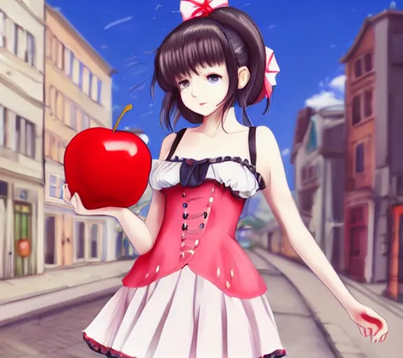 Prompt: a cute girl wearing a lolita dress, she is walking in a busy street, she is holding a red apple, anime art, hd, smooth