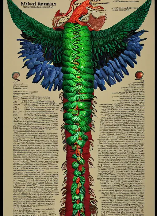 Prompt: Highly detailed labeled medical anatomy poster of a quetzalcoatl