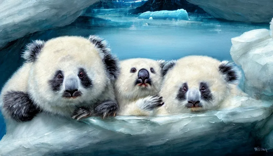 Image similar to highly detailed painting of cute furry white baby seal panda koalas cuddling into each other on a blue and white iceberg by william turner, by greg rutkowski, by william constable, thick brush strokes and visible paint layers, 4 k resolution