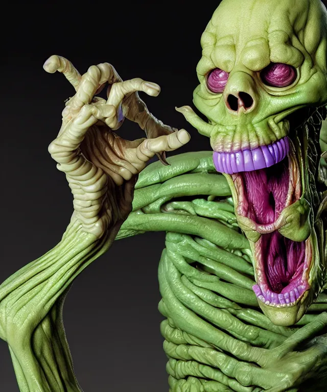 Image similar to hyperrealistic rendering, cronenberg flesh monster skeletor by art of skinner and richard corben and jeff easley, product photography, action figure, sofubi, studio lighting, colored gels