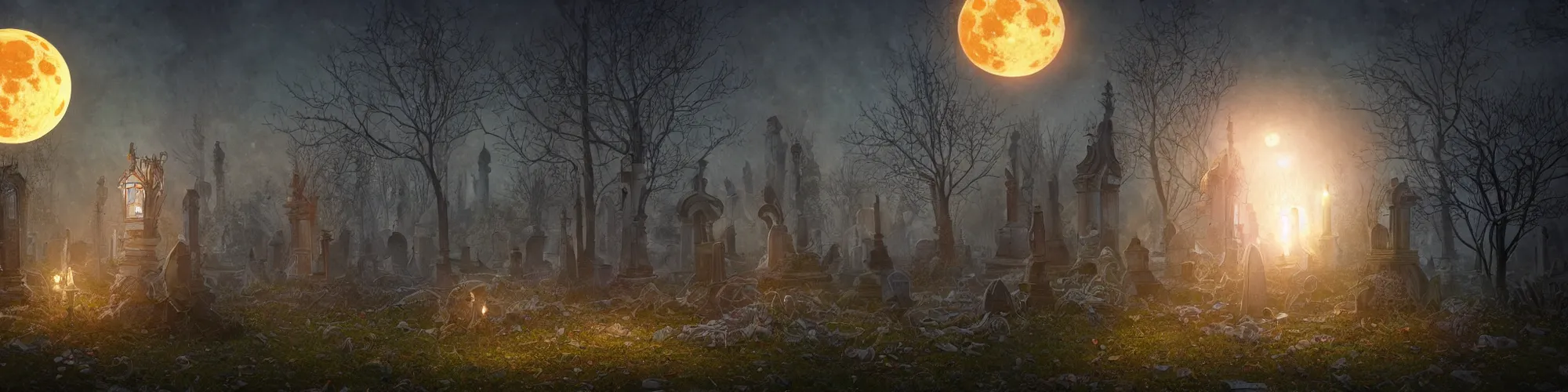 Image similar to an ultra detailed animation of a glowing apparition in a graveyard at midnight on halloween, tattoo on shohulder, digital art, dark fantasy, concept art, soulslike, by alphonse mucha, blood moon eclipse, ruined building in the background, artstation, 8 k, unreal engine render