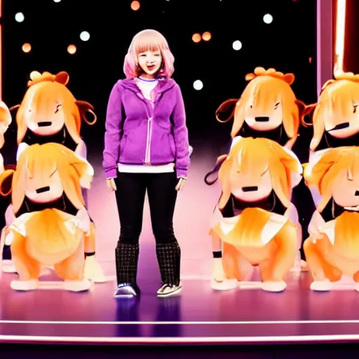 Image similar to chiaki nanami, a japanese girl with light beige hair in a bob that curls outward and bangs, a galaga hairpin, a dark turquoise hoodie, rosy cheeks, and a kind smiling face stars in her own broadway show, chiaki nanami from danganronpa, proshot getty images fullbody stage lights, gamer themed, professional photography