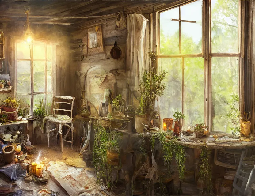 Image similar to expressive rustic oil painting, interior view of a [[cluttered]] herbalist cottage, waxy candles, burning herbs hazy, dried herbs, cabinets, wood furnishings, herbs hanging, wood chair, light bloom, dust, ambient occlusion, morning, rays of light coming through windows, dim lighting, brush strokes oil painting