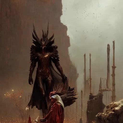 Image similar to Exterior Desert Oasis wrathful physique demonic crow wearing a man costume Jan Van eyck greg rutkowski ilya repin christophe young bastien lecouffe-deharme ismail inceoglu odd nerdrum dragan bibin john steuart curry