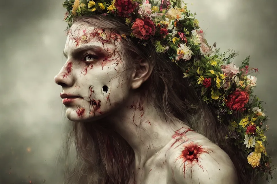 Image similar to Midsommar May Queen Zombie Portrait, Trending on ArtStation, beautiful aesthetic, photorealistic, volumetric lighting, hyperrealistic, octane render, HDR, photorealistic, bokeh