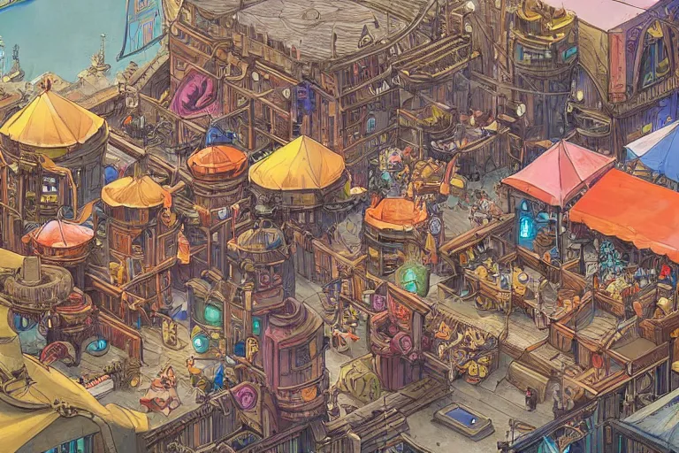 Prompt: a colorful medieval marketplace, Industrial Scifi, detailed illustration, character design, intricate, by Martin Grip and Moebius