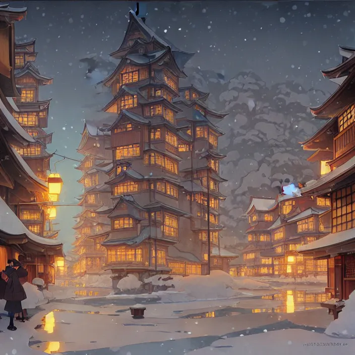 Image similar to japanese city, winter, in the style of studio ghibli, j. c. leyendecker, greg rutkowski, artem