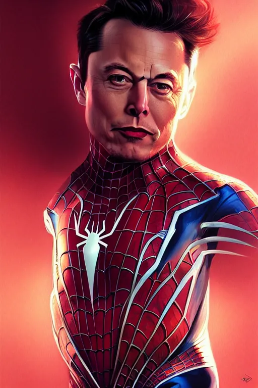 Image similar to elon musk in spider man suit, marvel character, realistic portrait, symmetrical, highly detailed, digital painting, artstation, concept art, smooth, sharp focus, illustration, cinematic lighting, art by artgerm and greg rutkowski and alphonse mucha