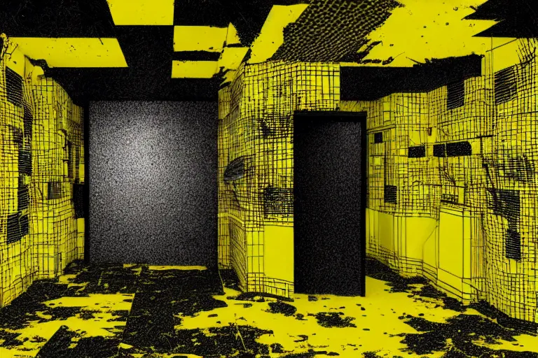 Image similar to cctv footage of the backrooms static, dark deep black shadows, molded yellow and black color contrast in the style of trevor henderson and james ensor goya, liminal space, 3 d render, glitch effect