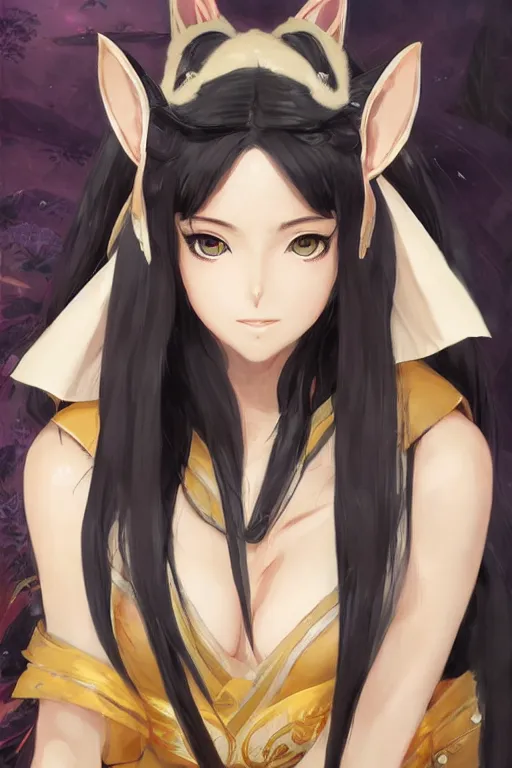 Image similar to An anime portrait of Nico Robin as a beautiful woman with fox ears wearing a kimono from Skyrim, by Stanley Artgerm Lau, WLOP, Rossdraws, James Jean, Andrei Riabovitchev, Marc Simonetti, and Sakimichan, large brush, low detail, trending on artstation