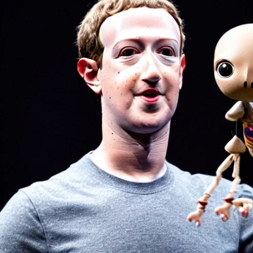 Image similar to Mark Zuckerberg alien puppeteering marionette mark zuckerberg. photograph.