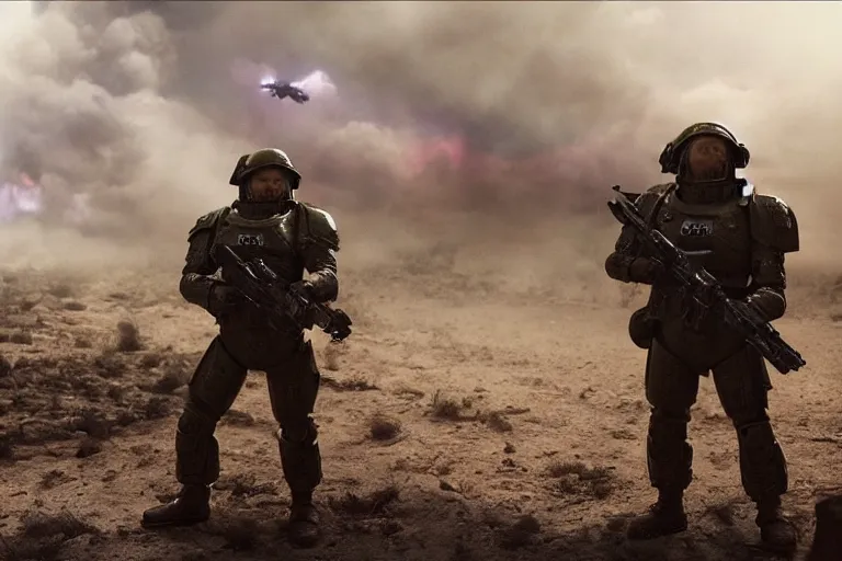 Image similar to VFX movie of a futuristic spacemarine in war zone, shooting gun natural lighting by Emmanuel Lubezki