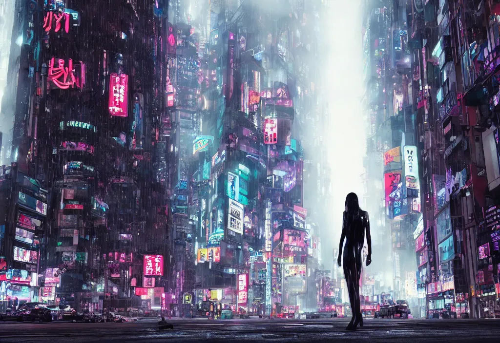 Image similar to 5 0 foot cyberpunk woman, giant, in tokyo city, skyscapers, spot lights, raining, wet, roger deakins cinematography, realistic, stylised, unreal engine, hyper realistic, octane render, camera bloom, fog, bladerunner