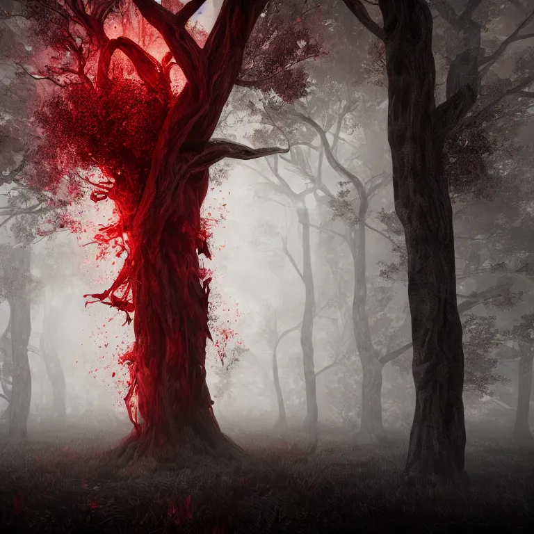 Prompt: a bloody tree as a demon on hell, dark, foggy, eerie, splash, sparkle, smoke, particles, octane render, unreal engine, artstation, digital art.