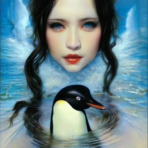 Image similar to a beautiful penguin manipulating water by karol bak, ayami kojima, artgerm, river, water, blue eyes, smile, concept art, fantasy