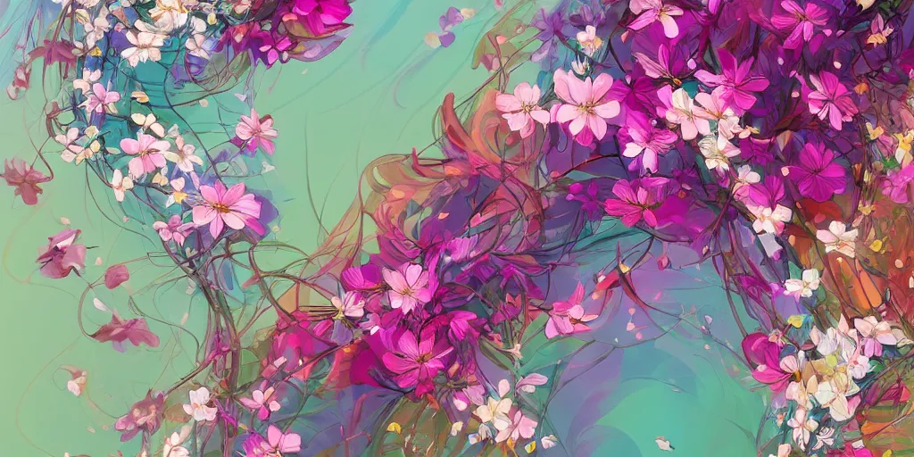 Prompt: floral design with a fine structure and flowing colors and blossoms. high details, artstation trending