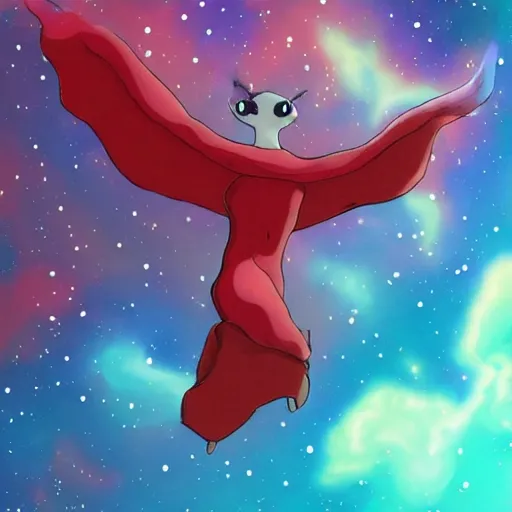 Image similar to a nebula in the shape of a flying bird style of Ghibli