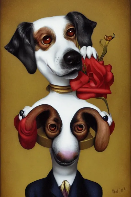 Prompt: a cute dog painted by mark ryden, by dali, isles of dog, digital art