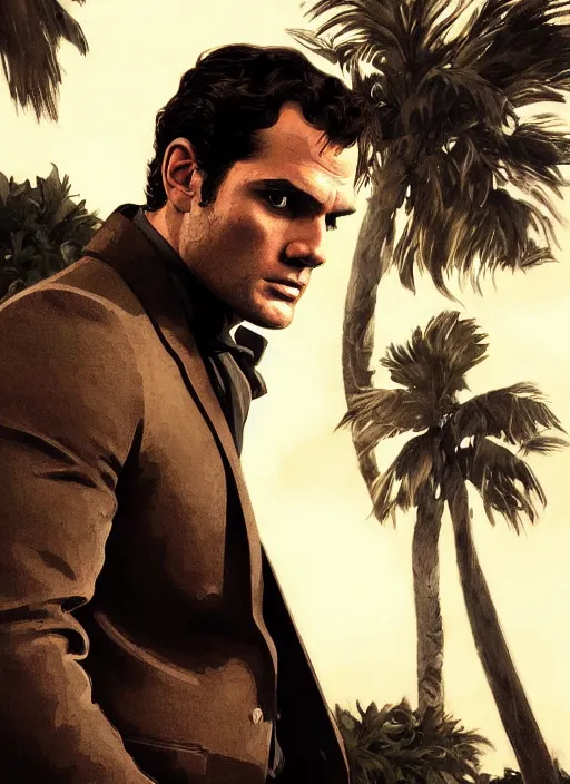 Image similar to portrait of henry cavill as james bond, key art, palm trees, vintage aston martin, highly detailed, digital painting, artstation, concept art, cinematic lighting, sharp focus, illustration, by gaston bussiere alphonse mucha