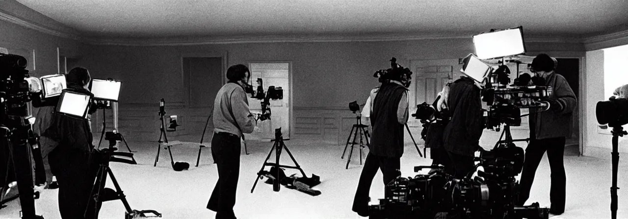 Image similar to Cinematography a behind the scenes shot from The shining movie. Hollywood. Camera crew. Kubrick. Cinema.