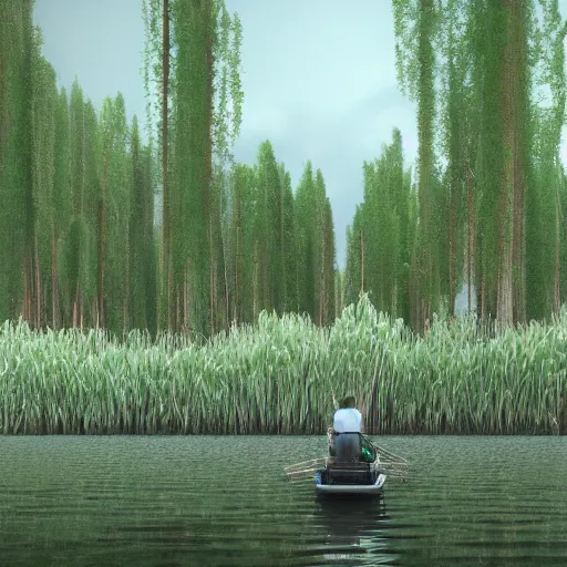 Prompt: cattail forest scaled up to human size, riding a boat, concept art, 3 d render, realistic, focused