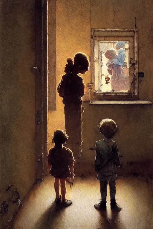 Image similar to a 1 2 year old boy and 3 year old girl looking at a wall full of ghosts, part by norman rockwell, part by greg rutkowski, part by mattias adolfsson, high angle, ( ( ( ( volumetric lighting ) ) ) ), oil on canvas