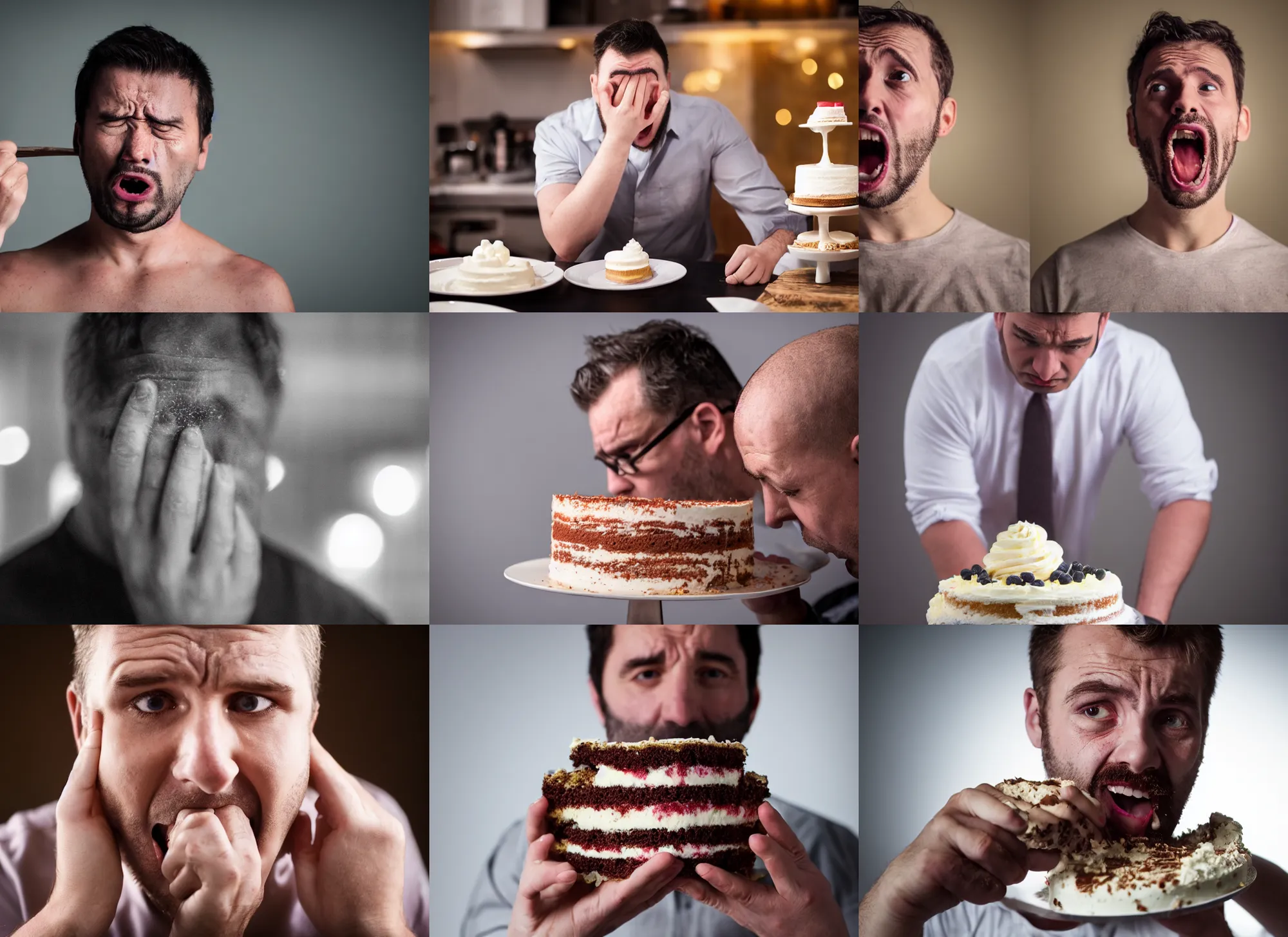 Prompt: photo still of a man is horrified to find that he is made of cake, 8 k, studio lighting bright ambient lighting key light, 8 5 mm f 1. 8