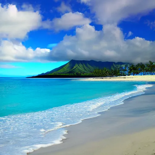 Prompt: Artstation art of a beautiful beach with fantastic luxury blue colors on the beach of hawaii, UHD quality, stunning beauty, incredible light from the Sun, award-winning beauty