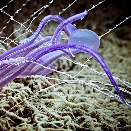 Image similar to jellyfish with barbed wire tentacles