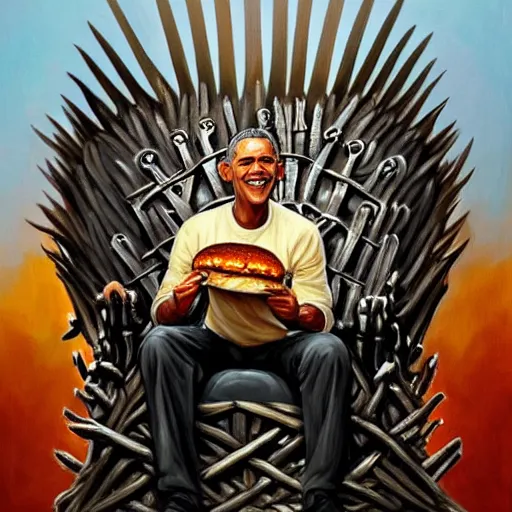 Image similar to intricate oil painting of barrack obama eating a cheese burger sitting on the iron throne, surrounded by his dragons, concept art, intricate, highly detailed, omnious atmosphere, trending on artstation