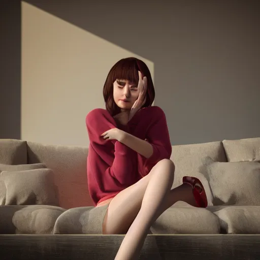 Image similar to 3 d render of a cute thin young woman, red blush, wearing casual clothes, small smile, relaxing on a couch, cuddling up under a blanket, cozy living room, medium shot, 8 k, octane render, trending on artstation, art by artgerm, unreal engine 5, hyperrealism, hyperdetailed, ultra realistic