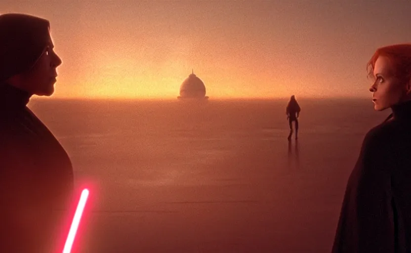 Prompt: iconic wide cinematic screen shot of luke skywalker facing a female sith lord, standing with a view of coruscant at sunset, from the thrilling scene from the 1 9 9 0 s sci fi film directed by stanley kubrick, moody cinematography, foggy volumetric lighting, hyper detailed scene, anamorphic lenses 2 4 mm, lens flare, award winning