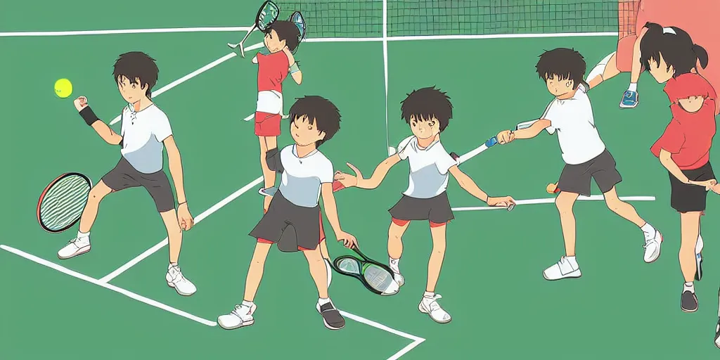 Image similar to digital art of anatomically correct kids playing tennis by studio ghibli