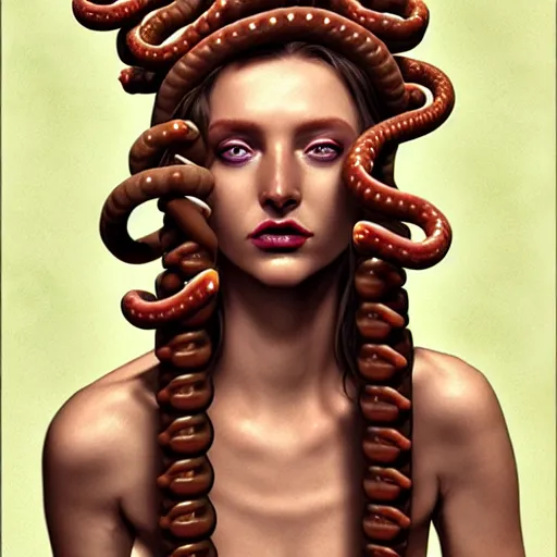 Prompt: medusa with sausages instead of snakes, sausage hair, photorealistic, illustration, intricate details, masterpiece, digital art, trending on artstation