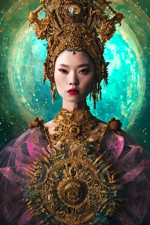 Prompt: a beautiful empress portrait, singular subject, with a brilliant, impossible striking big cosmic galaxy headpiece, clothes entirely made out of cosmos chaos energy, symmetrical, dramatic studio lighting, rococo, baroque, jewels, asian, hyperrealism, closeup, D&D, fantasy, intricate, elegant, highly detailed, digital painting, artstation, octane render, 8k, concept art, matte, sharp focus, illustration, art by Artgerm and Greg Rutkowski and Alphonse Mucha