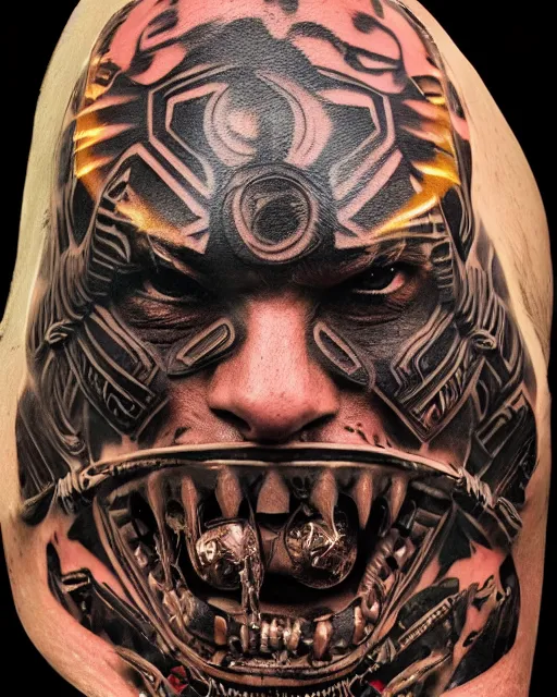 Image similar to editorial photo portrait of aztec jaguar warrior with glowing tribal futuristic tattoos on face, warrior body, photo by mario testino, cinematic, hyper detailed, micro details, insanely detailed, trending on artstation, concept art, insanely detailed and intricate