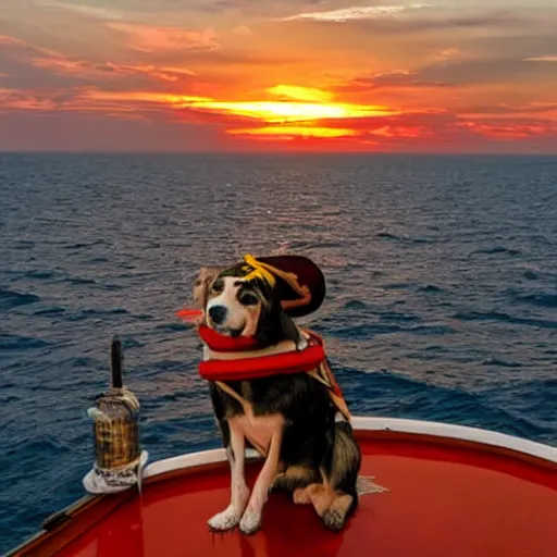 Image similar to a dog dressed like a pirate on a ship at sea at sunset