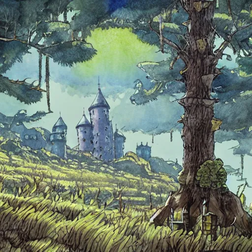 Prompt: laputa castle in the sky robot hayao miyazaki stands in a small clearing among trees, watercolor illustration for a book