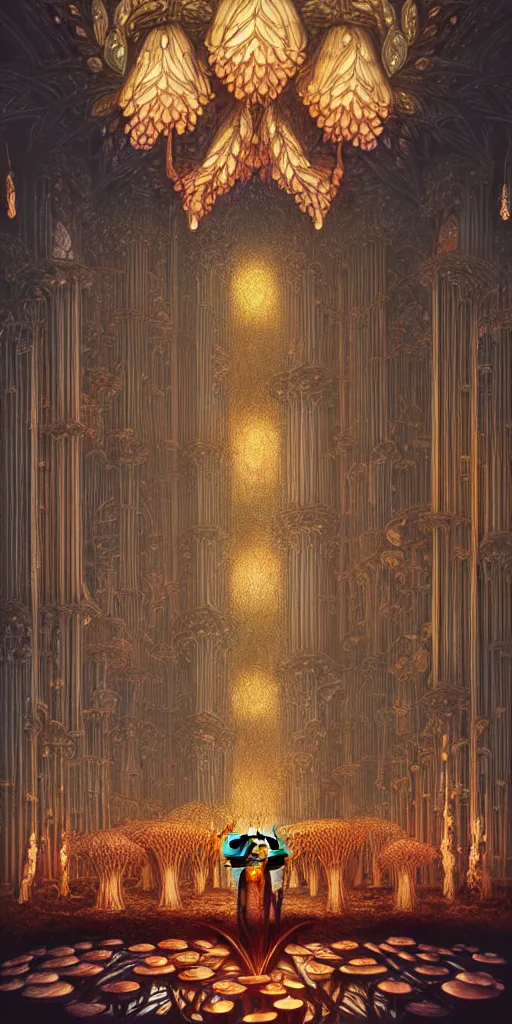 Image similar to Energetic gothic organ made of mushrooms portrait, Art Deco nature, fantasy, intricate art deco mushroom designs, elegant multidimensional cathedral of plants, glowing prismatic fractal chandeliers, highly detailed fractals, sharp focus, art by Artgerm and beeple and Greg Rutkowski and WLOP