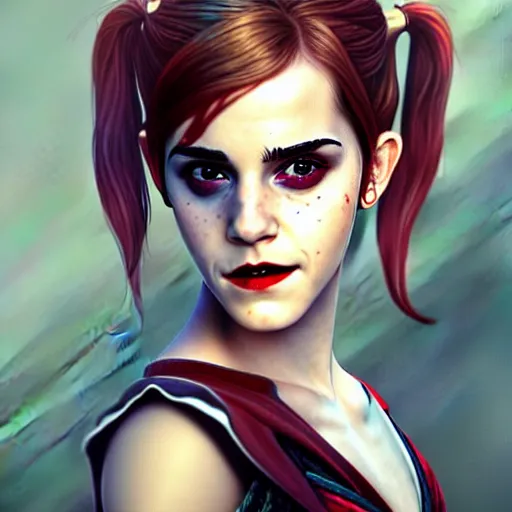 Image similar to Beautiful Emma Watson as Harley Quinn, western, D&D, fantasy, intricate, elegant, highly detailed, digital painting, artstation, concept art, matte, sharp focus, illustration, art by Artgerm and Greg Rutkowski and Alphonse Mucha