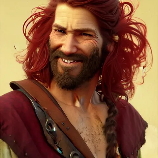 Prompt: portrait of a young ruggedly handsome but joyful pirate, male, masculine, upper body, red crimson crimson hair, long long flowing hair, fantasy, very smug smirk, intricate, elegant, highly detailed, digital painting, artstation, concept art, matte, sharp focus, illustration, art by artgerm and greg rutkowski and alphonse mucha