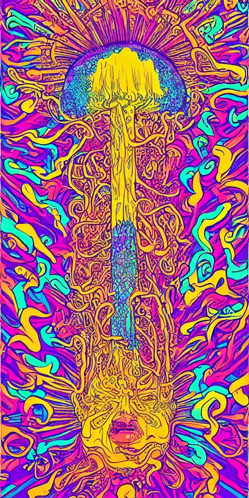 Prompt: psychedelic poster mushroom, poster, dmt, visionary art