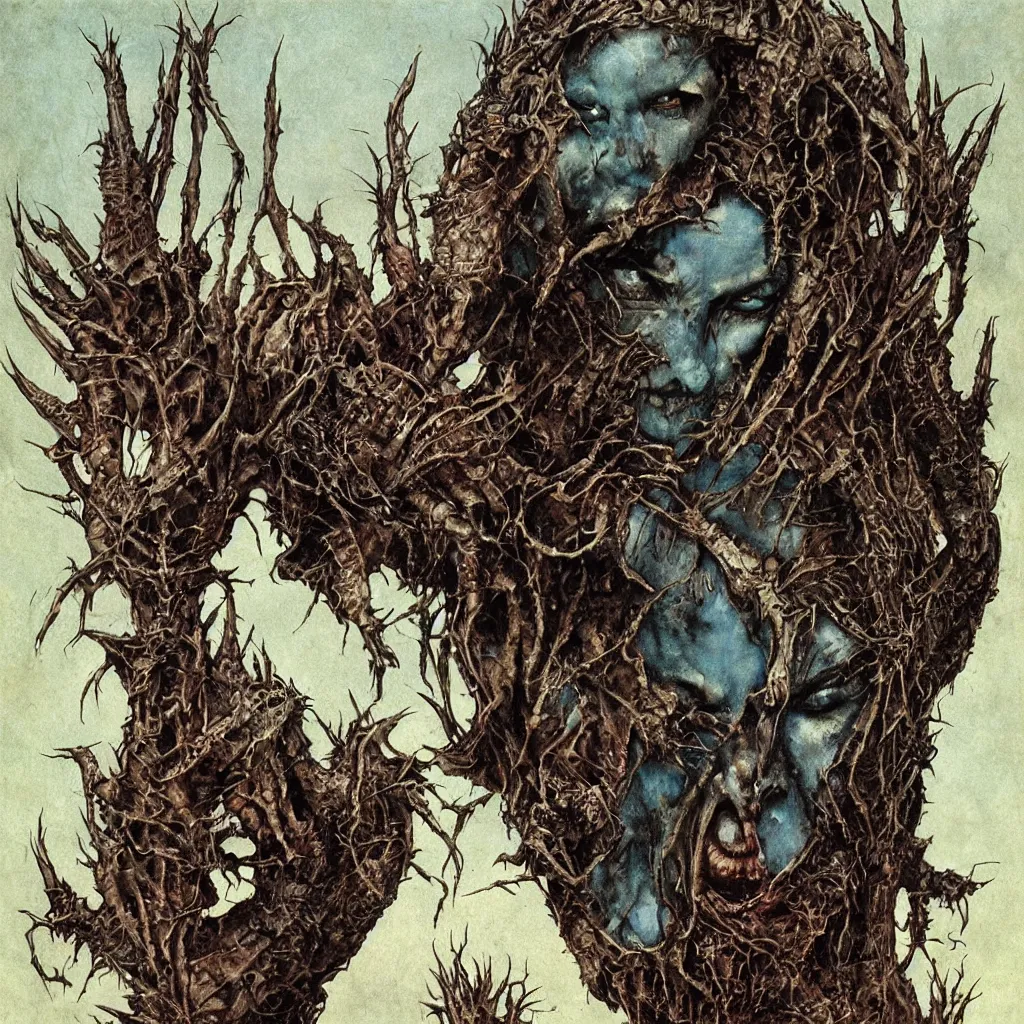 Prompt: A creepy armored horned fanged demon woman with blue scarred skin wrapped in barbed wire. Extremely high detail, realistic, fantasy art, solo, bones, textured, masterpiece, saturated colors, intricate ominous visionary concept art tangled, ripped flesh, art by Zdzisław Beksiński, Arthur Rackham, Dariusz Zawadzki