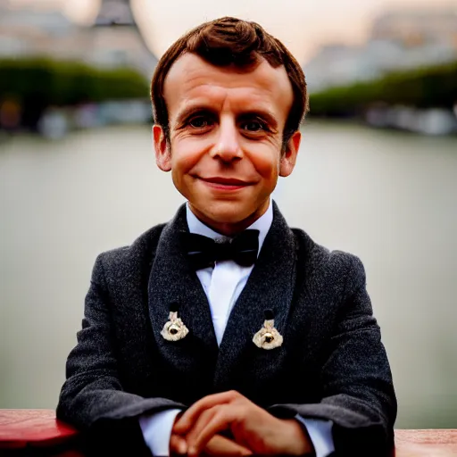 Image similar to closeup portrait of a tiny emmanuel macron dressed as napoleon standing on a desk, paris background, macro photo, bokeh, natural light, sharp, detailed face, magazine, press, steve mccurry, david lazar, canon, nikon, focus