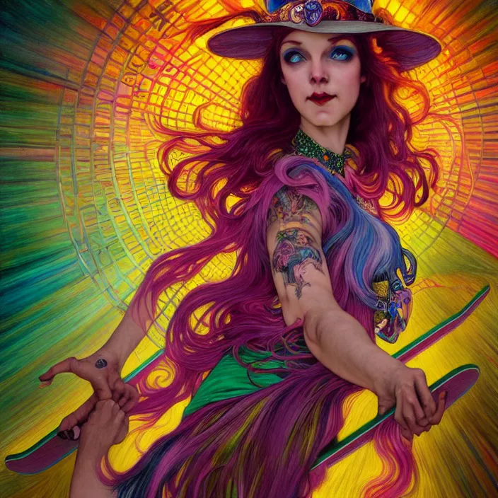 Image similar to bright psychedelic photo of a witch riding a skateboard in a supermarket, diffuse lighting, fantasy, intricate, elegant, highly detailed, lifelike, photorealistic, digital painting, artstation, illustration, concept art, smooth, sharp focus, art by John Collier and Albert Aublet and Krenz Cushart and Artem Demura and Alphonse Mucha