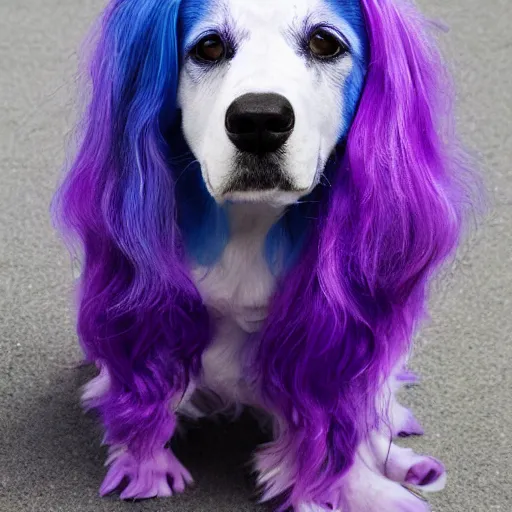 Prompt: purple dog with long blue hair