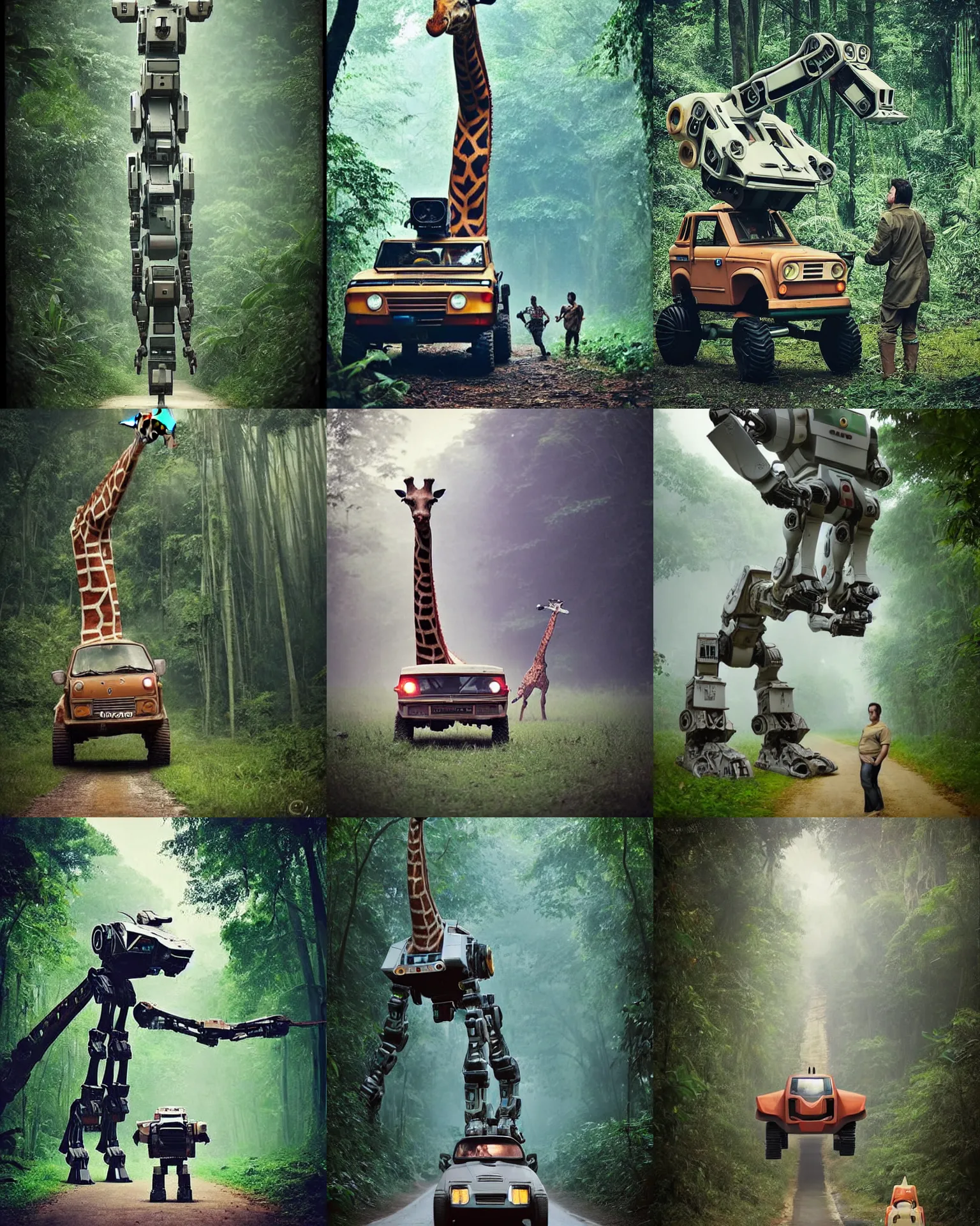 Prompt: epic chase!!!giant oversized battle giraffe robot chubby fat mech with long neck as battle mecha giraffe robot weapon fiat 126p , in jungle forest !!! , full body , Cinematic focus, Polaroid photo, vintage , neutral dull colors, foggy mist ,by oleg oprisco , by victor enrich , by gregory crewdson , by discovery channel