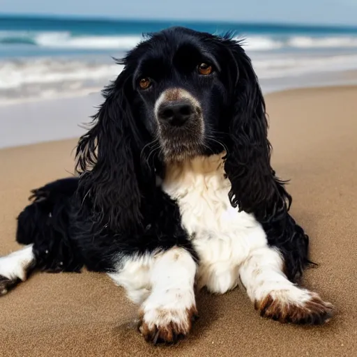 Prompt: black english cocker spaniel on the beach relaxing