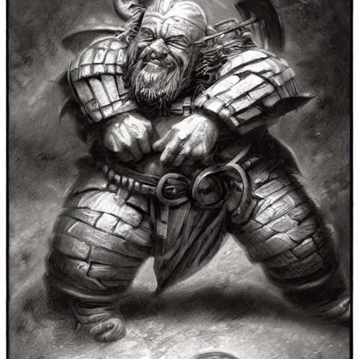 Prompt: “dnd dwarf, dragging big sack, by paul bonner”