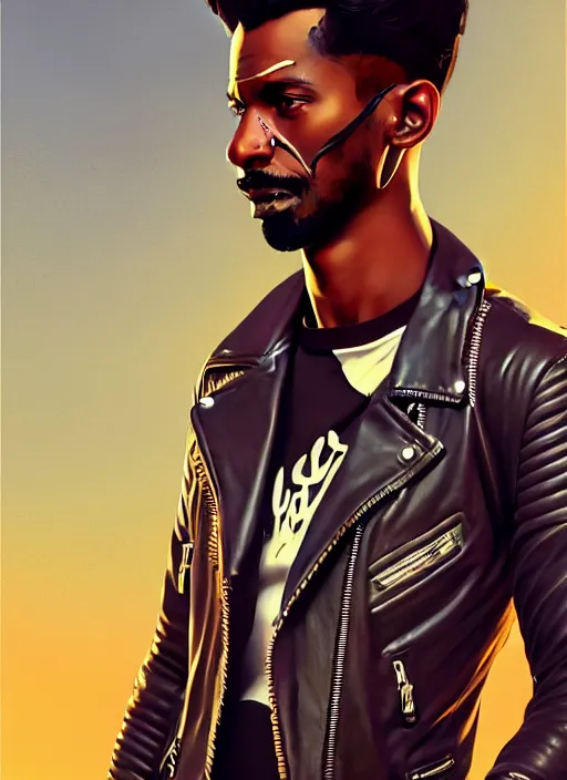 Prompt: hyper - realistic portrait of a sudanese rockabilly man, facing front camera, 5 0 mm portrait, dynamic wavy hair, leather jacket with patches, perspective body anatomy, detailed designs, digital painting, 4 k, by ilya kuvshinov, by artgerm, atmospheric cinematic lighting